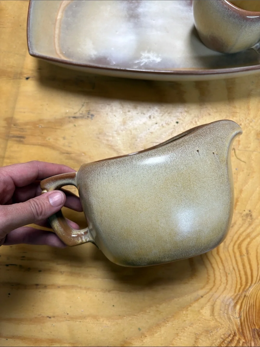 Frankoma tan and brown ceramic gravy set with platter